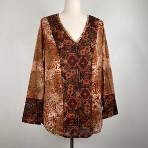 y2k Fairy Grunge Floral Paisley Mesh Top 18/20 Long Sleeve Boho Indie Brown Red